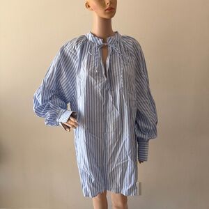 Relaxed Light Blue and White Striped Tie neck Ballon Long Sleeve Mini Dress